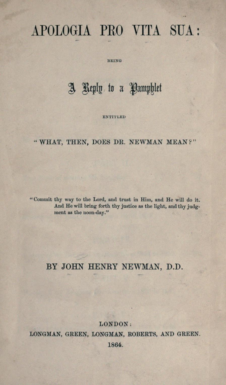 Title page of the 1864 first edition of John Henry Newman's Apologia Pro Vita Sua.